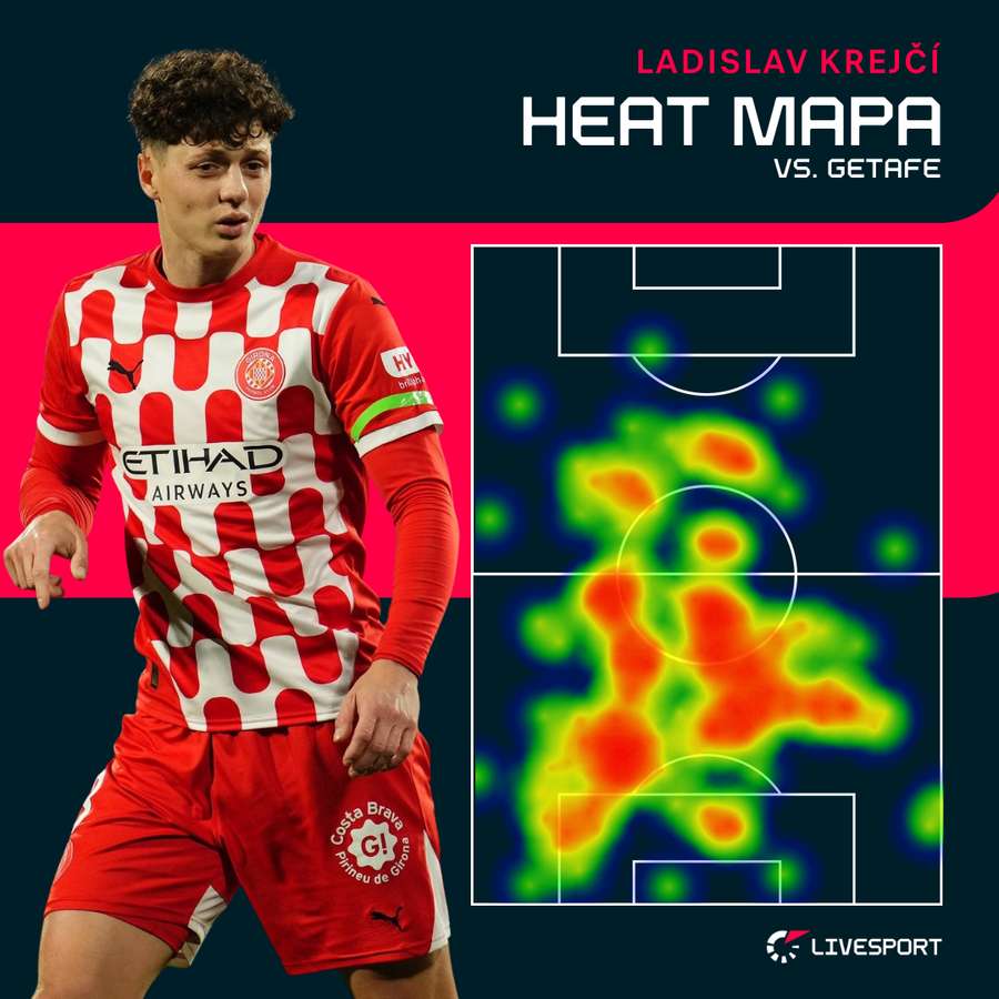 Heat mapa Krejčího proti Getafe.