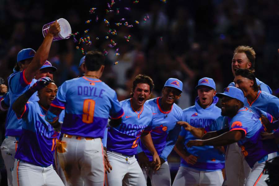 Colorado Rockies players celebrate win over Pittsburgh Pirates (August 2, 2025)