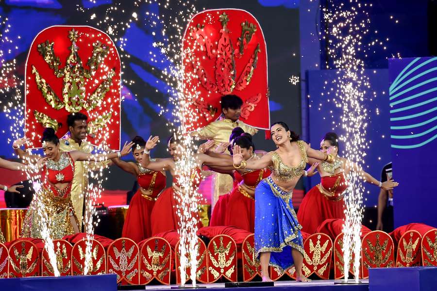 Bollywood actress Rashmika Mandanna performs during the glittering opening ceremony