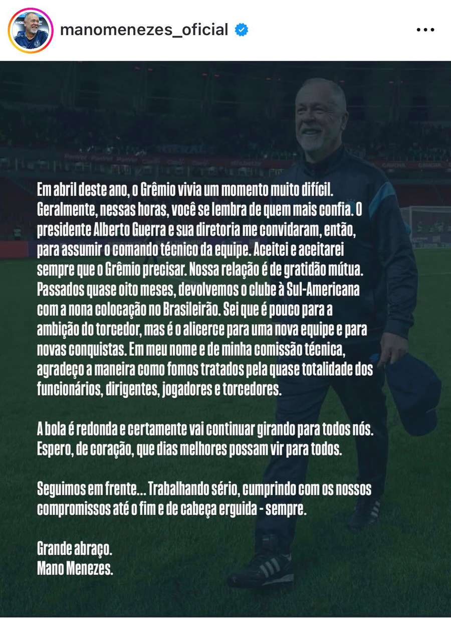 Mensagem de Mano Menezes no seu Instagram Mensagem de Mano Menezes no seu Instagram