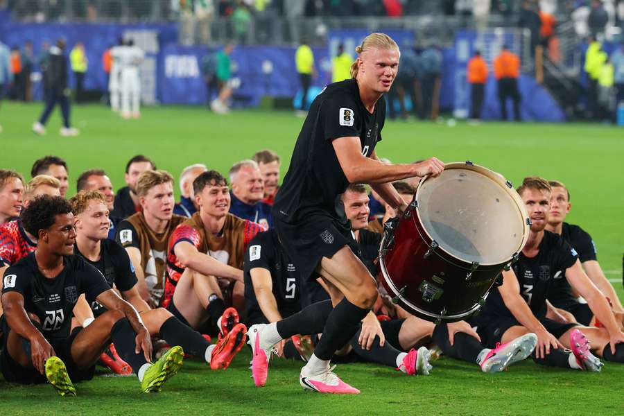 Norway's Erling Haaland and teammates perform the traditional Viking rowing celebration for their fans Norway's Erling Haaland and teammates perform the traditional Viking rowing celebration for their fans