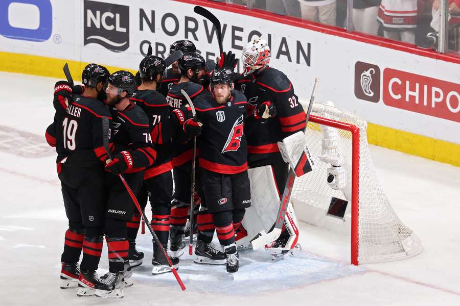 The Carolina Hurricanes celebrate winning Game 5 of the Stanley Cup series over the Vegas Golden Knights. The Carolina Hurricanes celebrate winning Game 5 of the Stanley Cup series over the Vegas Golden Knights.