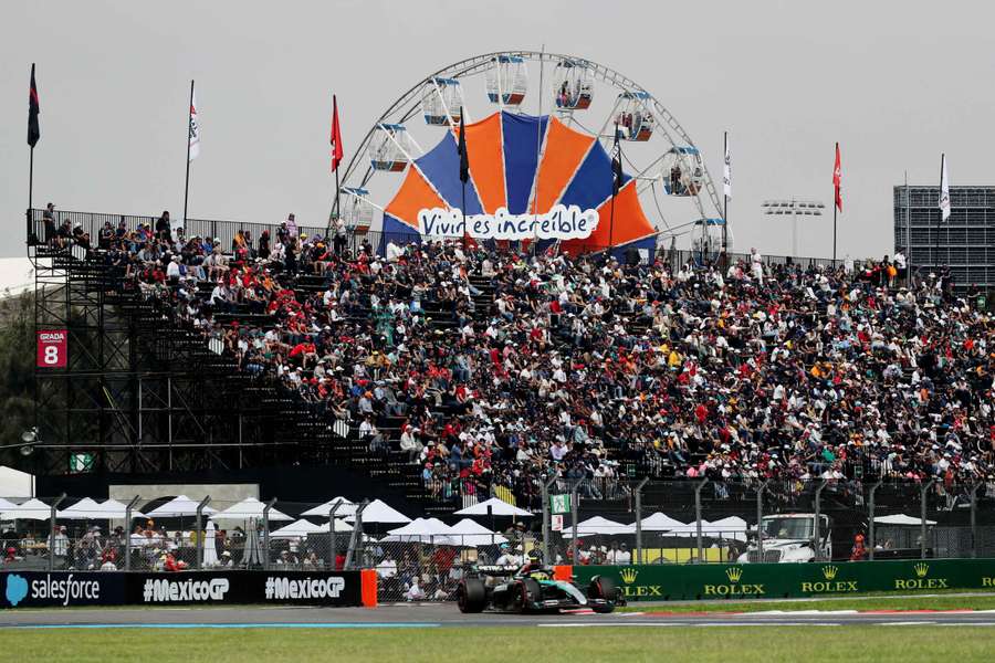 Spectators watch the practice session ahead of the Mexico City Grand Prix