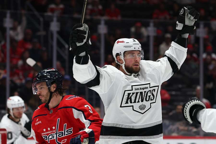 Adrian Kempe celebrates a goal during Kings first win of the 2026-2027 season Adrian Kempe celebrates a goal during Kings first win of the 2026-2027 season