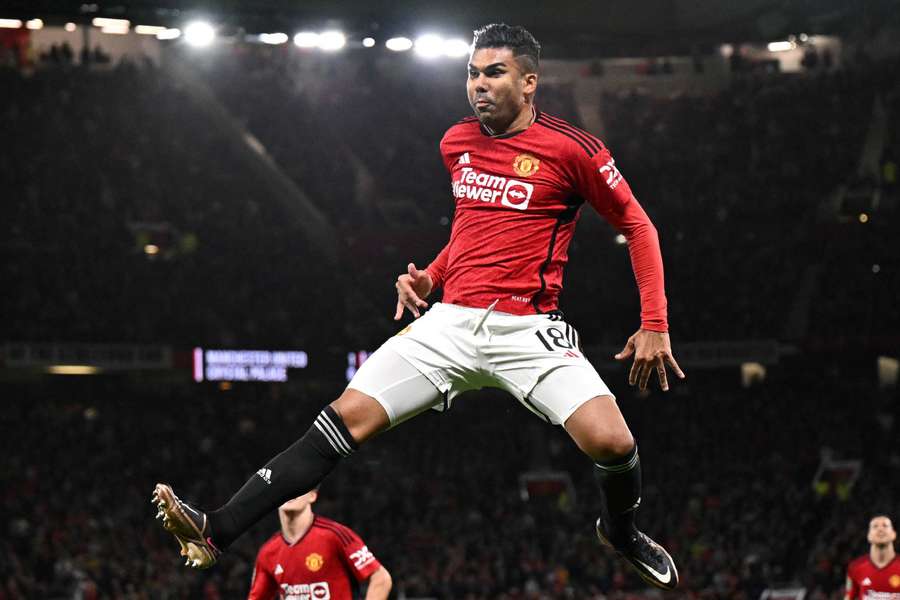 Man Utd's Casemiro celebrates scoring their second goal against Crystal Palace at Old Trafford