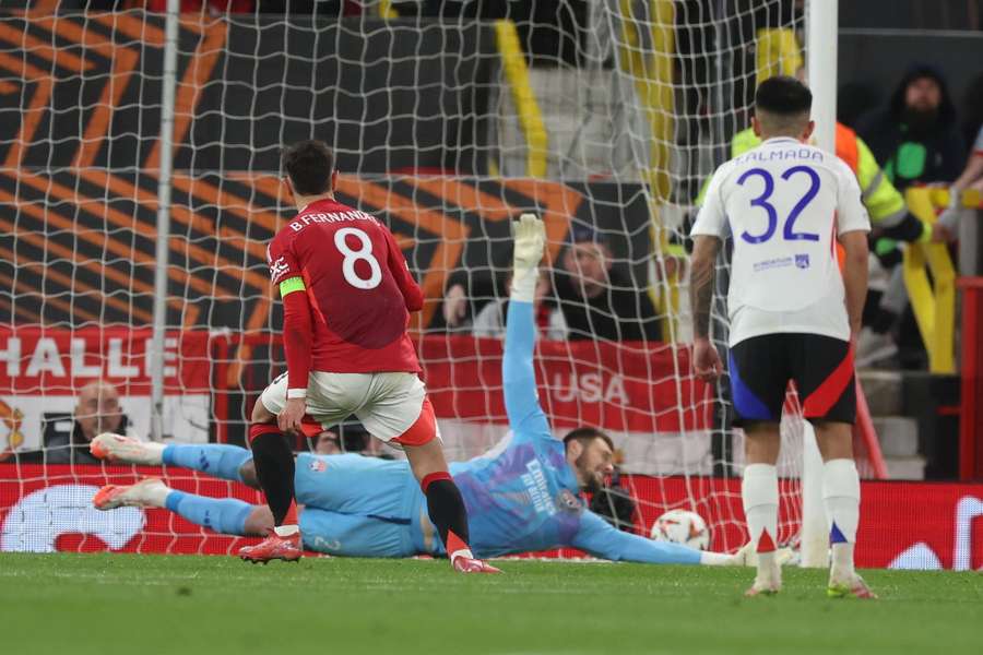 Manchester United Captain Bruno Fernandes scores from the penalty spot in extra time against Lyon on April 17, 2025. Manchester United Captain Bruno Fernandes scores from the penalty spot in extra time against Lyon on April 17, 2025.