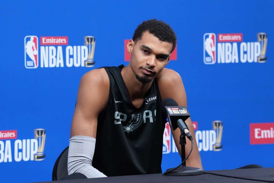 Victor Wembanyama speaks during a press conference ahead of the NBA Cup semi-finals Victor Wembanyama speaks during a press conference ahead of the NBA Cup semi-finals
