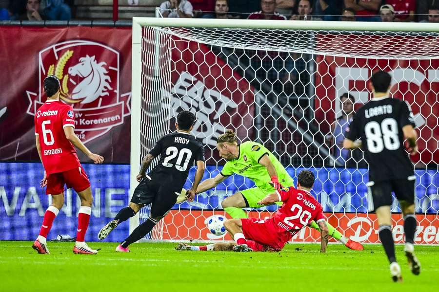 Qarabag's Kady Borges (#20) scores the only goal of the match against FC Twente