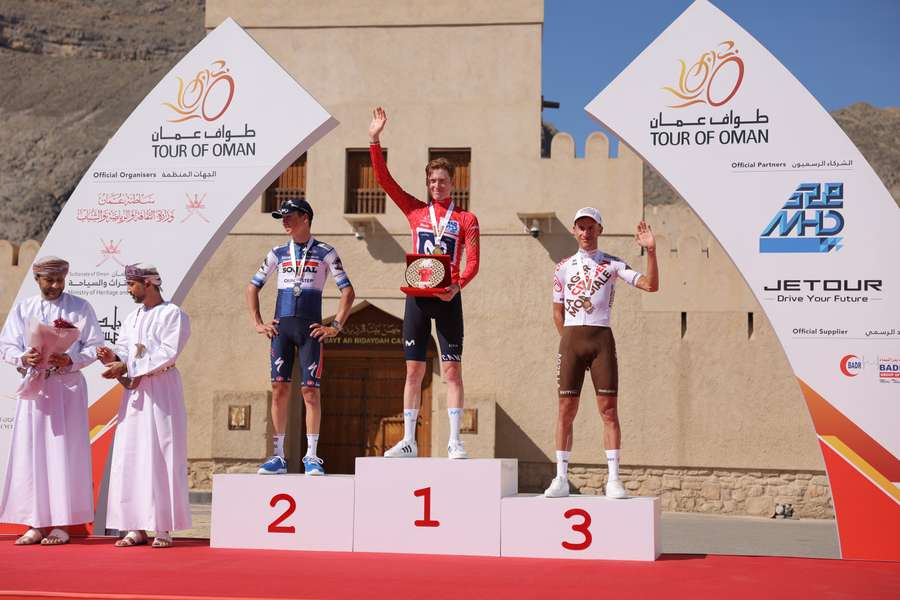 Matteo Jorgenson of Movistar Team poses on the podium