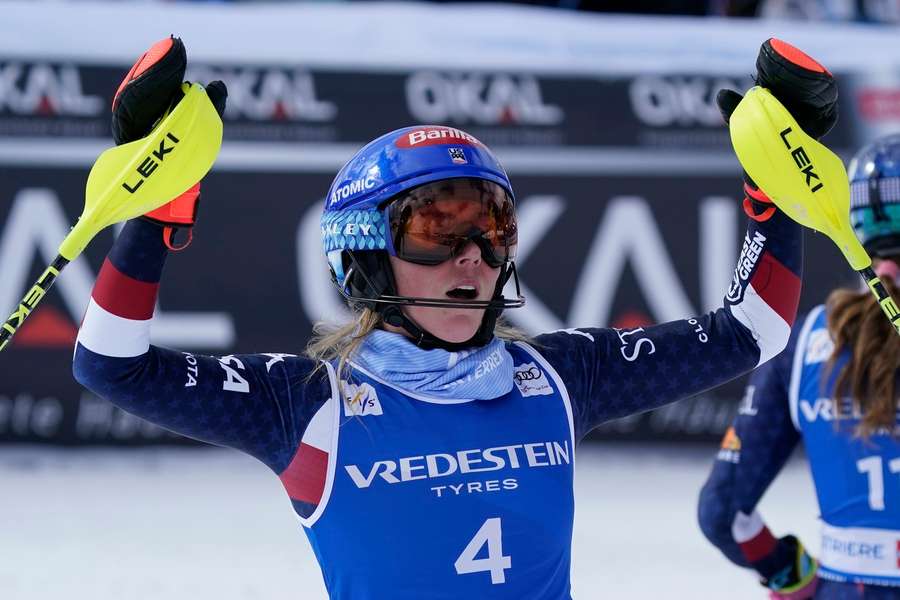 Mikaela Shiffrin celebrates her win