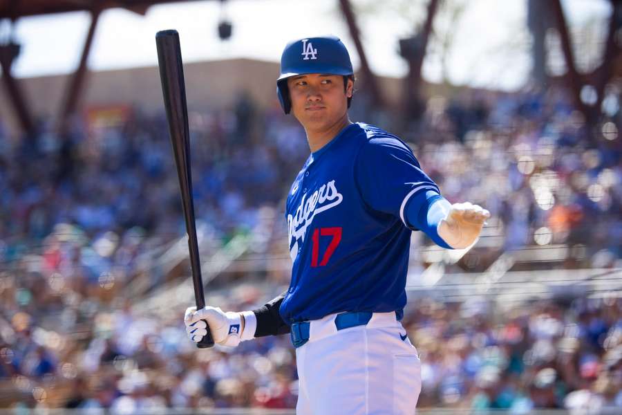 Los Angeles Dodgers' ster Shohei Ohtani tijdens een oefenwedstrijd