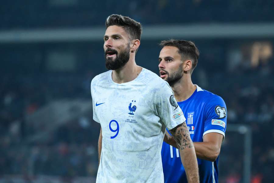 Giroud, pictured here in action for France v Greece, is unavailable to Milan