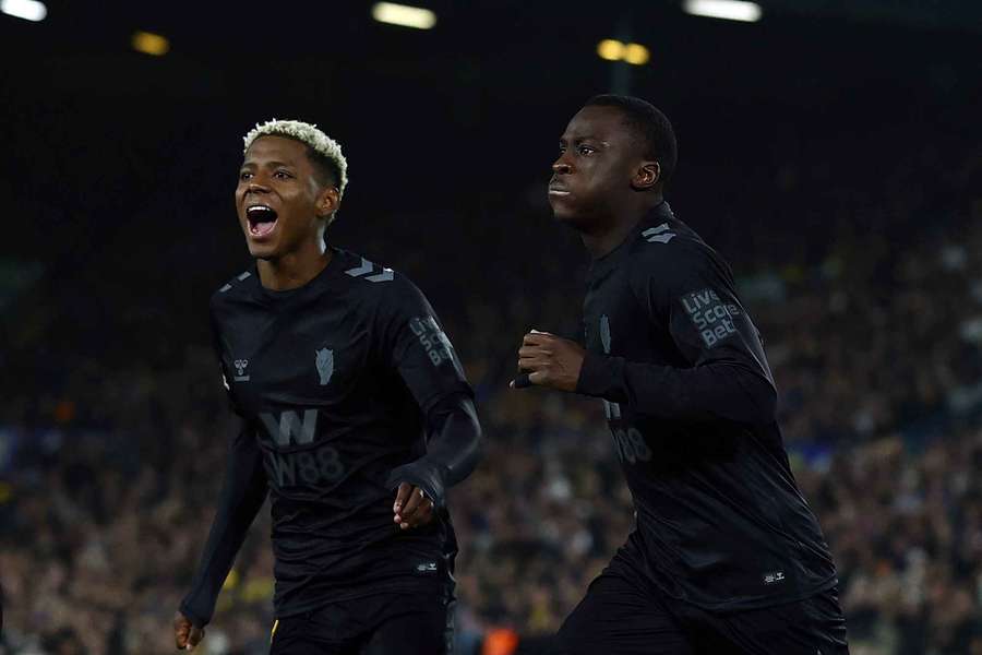 Sunderland's Habib Diarra celebrates scoring their first goal with Nilson Angulo