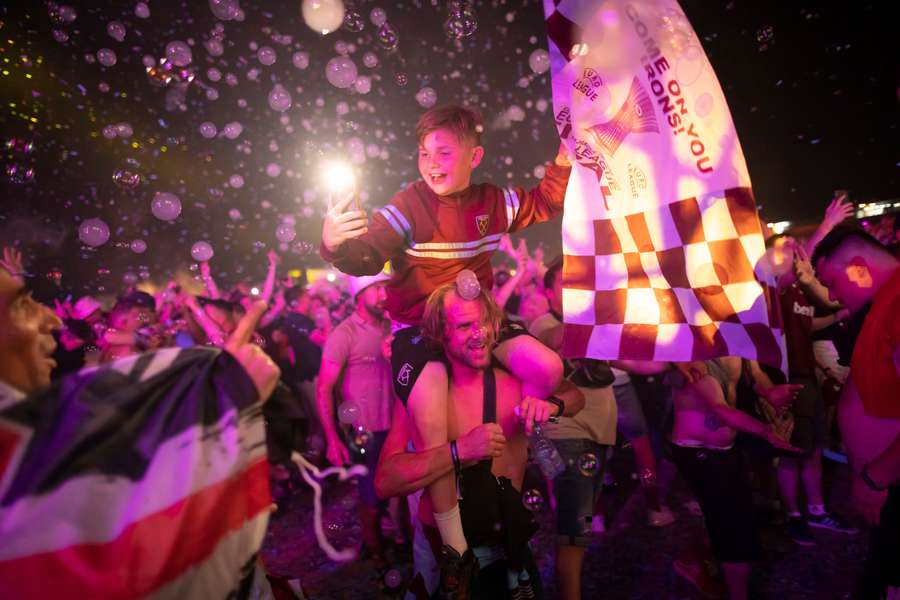 The full-time whistle sparked scenes of wild celebration at the West Ham fanzone