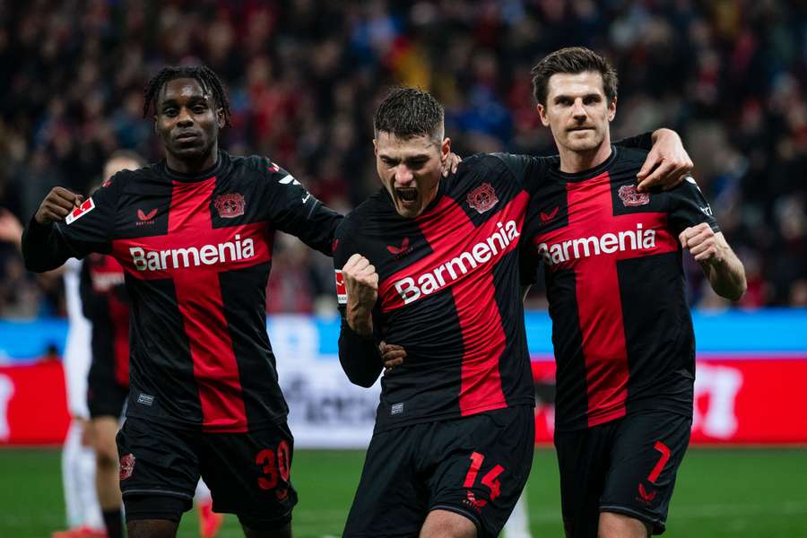 Bayer Leverkusen's Patrik Schick celebrates after netting in the win