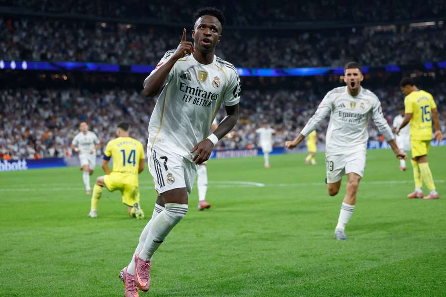 Real Madrid's Vinicius Junior celebrates scoring the opening goal against Villarreal