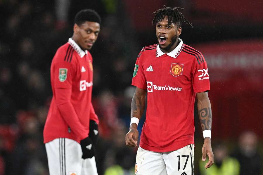 Manchester United's Brazilian midfielder Fred celebrates scoring the team's second goal 