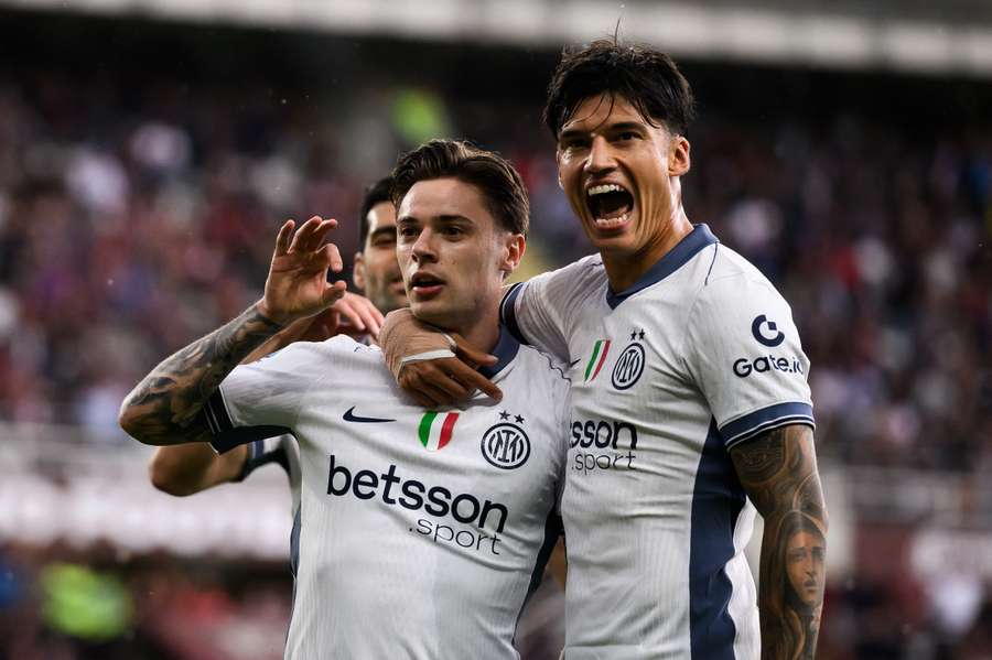 Inter Milan's Nicola Zalewski (left) celebrates with Joaquin Correa after scoring against Torino