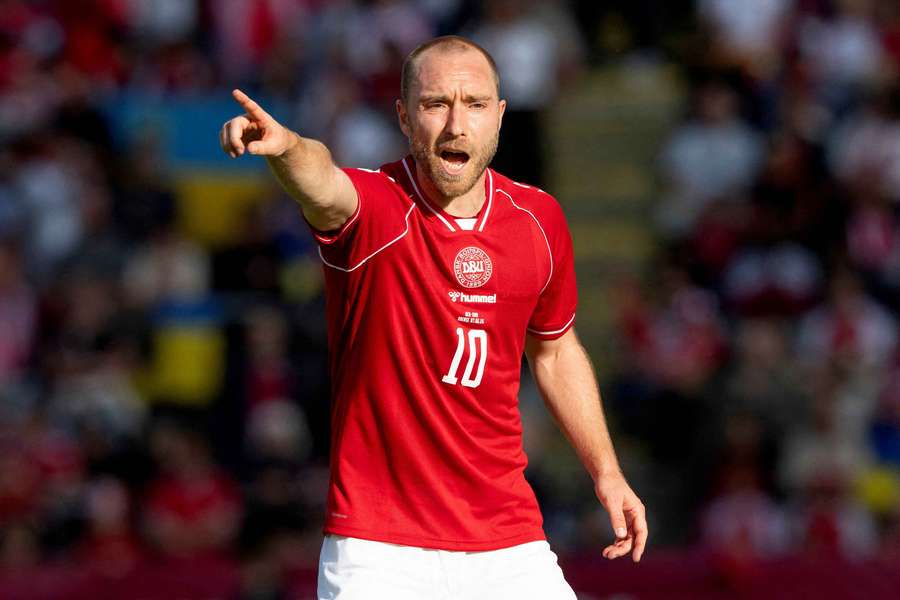 Denmark's Christian Eriksen during the match before he later collapsed on the pitch