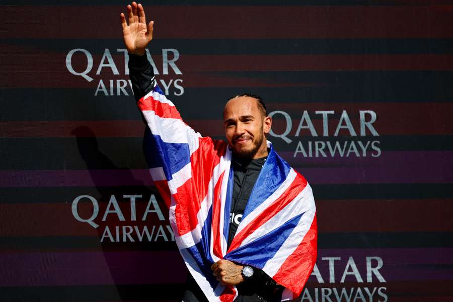 Hamilton celebrates his win at Silverstone