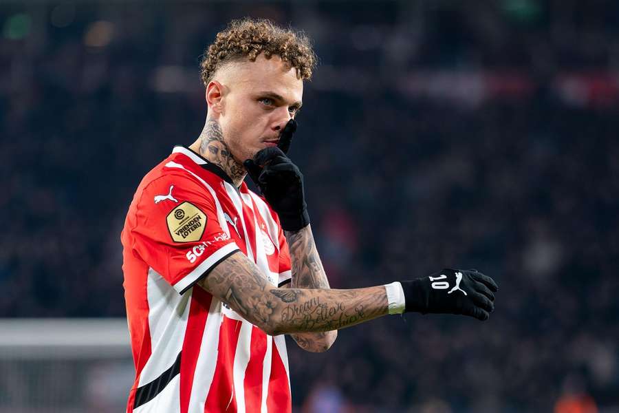 Noa Lang shushing the home crowd after opening the score against Willem II Noa Lang shushing the home crowd after opening the score against Willem II