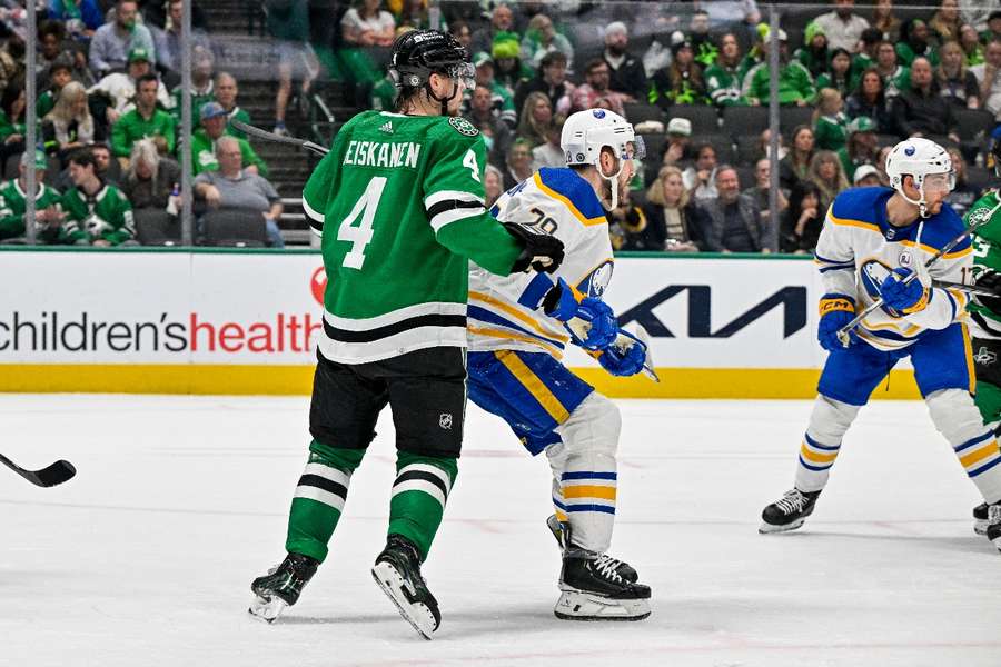 Dallas Stars defenceman Miro Heiskanen is called for a cross-check on Buffalo Sabres left wing Zemgus Girgensons during the third period