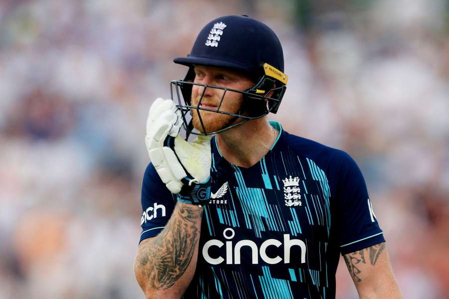 England's Ben Stokes reacts after losing his wicket on his final ODI