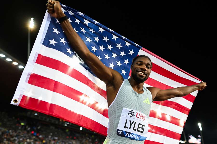 Noah Lyles celebrates after winning the men's 200m during the Diamond League athletics meeting at Stadion Letzigrund stadium in Zurich