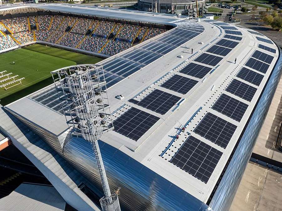 Solar panels at the top of the Bluenergy Stadium