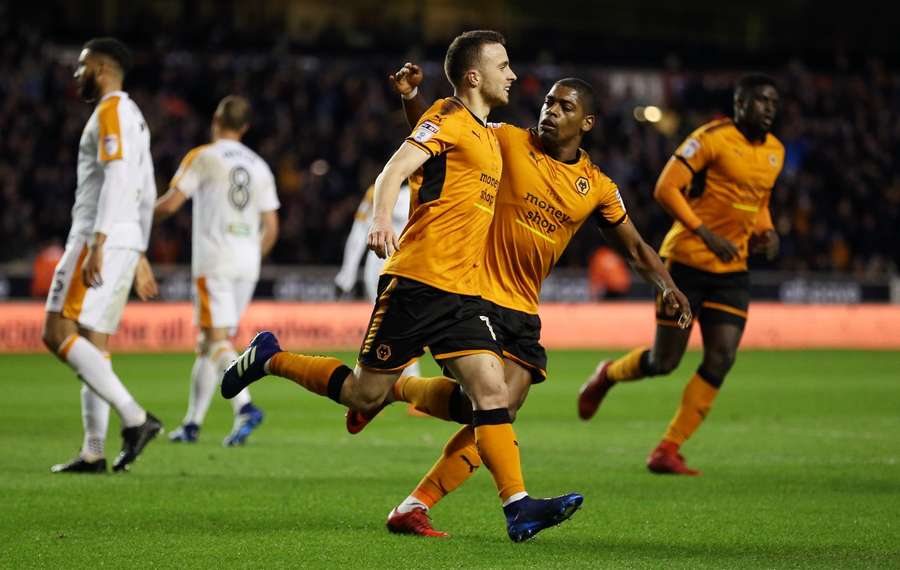 Jota celebrates after scoring during Wolves' run to Championship promotion, 2018