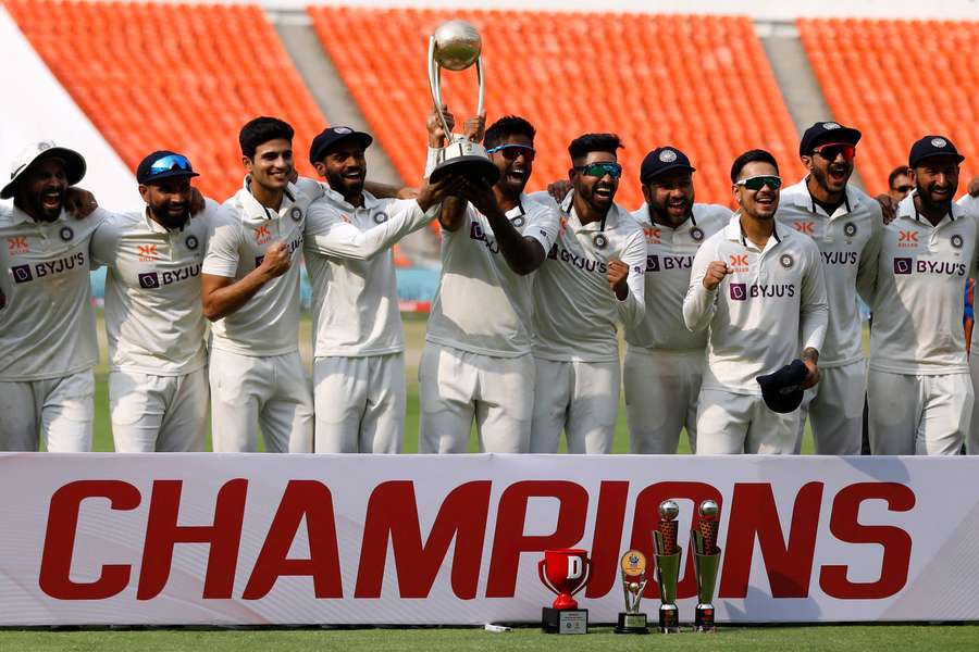 India celebrates after winning the Border Gavaskar Trophy test series against Australia earlier in 2022