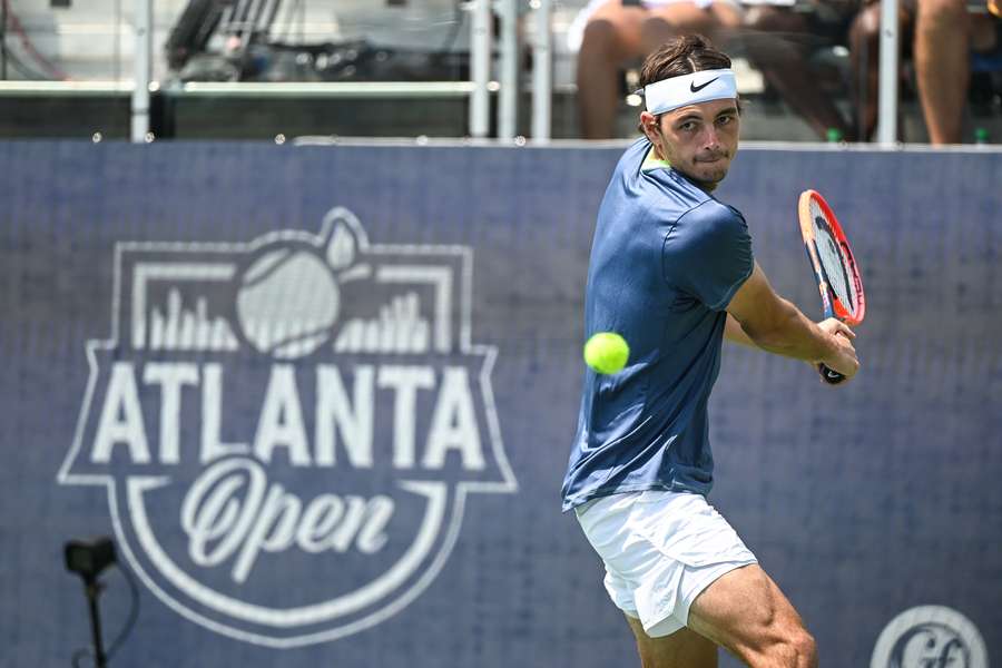 Taylor Fritz hits a shot against J.J. Wolf during the ATP Atlanta Open semi-finals