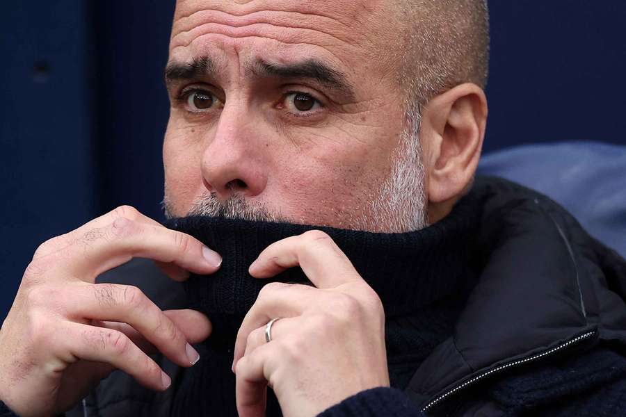  Pep Guardiola looks on during Man City's draw at home to Everton