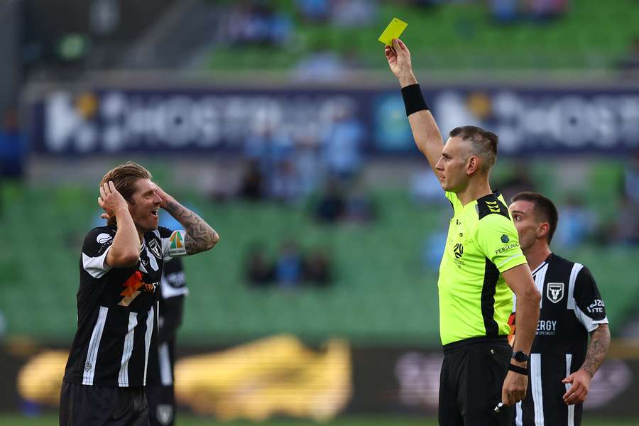 Luke Brattan receives a yellow card against Melbourne City on December 23. Luke Brattan receives a yellow card against Melbourne City on December 23.