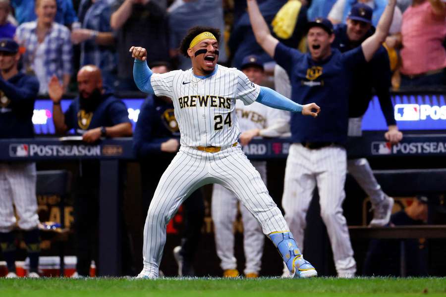 Milwaukee Brewers catcher William Contreras celebrating a home run during the 2024 Wild Card round
