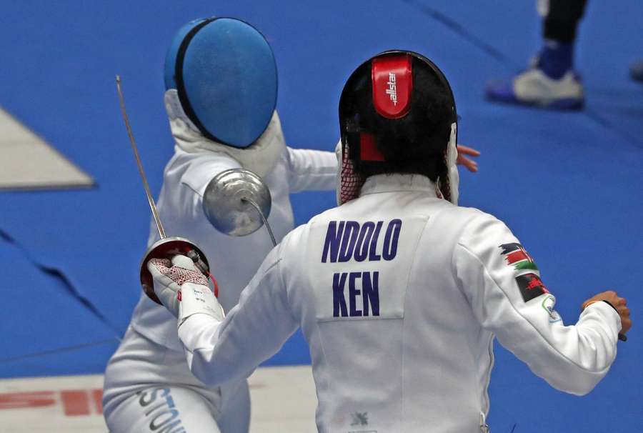 Erika Kirpu, from Estonia, and Alexandra Ndolo, from Kenya, in action during the 46th edition of the City of Barcelona International Fencing Trophy in 2023