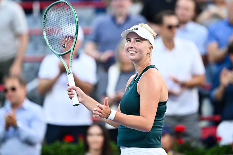 Clara Tauson celebrates her win over Madison Keys at Montreal Open 2025