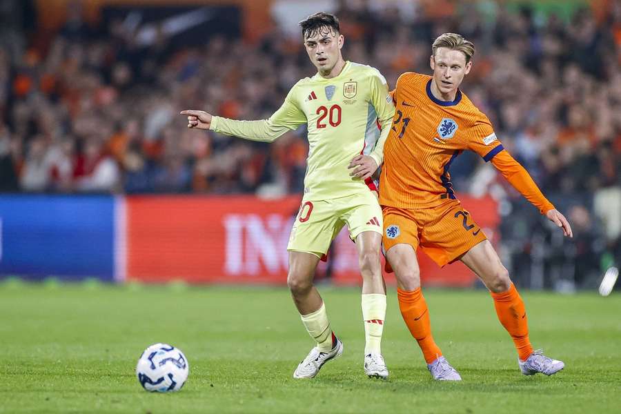 Frenkie de Jong battling with Barcelona teammate Pedri during the UEFA Nations League game between the Netherlands and Spain Frenkie de Jong battling with Barcelona teammate Pedri during the UEFA Nations League game between the Netherlands and Spain