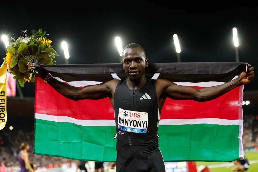 Kenya's Emmanuel Wanyonyi celebrates after winning the men's 800m at the IAAF Diamond League athletics meet in Zurich