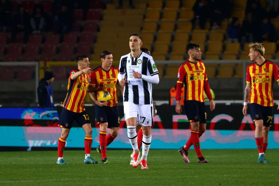 Lorenzo Lucca of Udinese after scoring his team's goal against Lecce