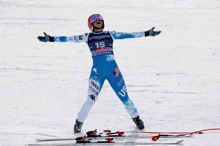Lauren Macuga reacts to her downhill run