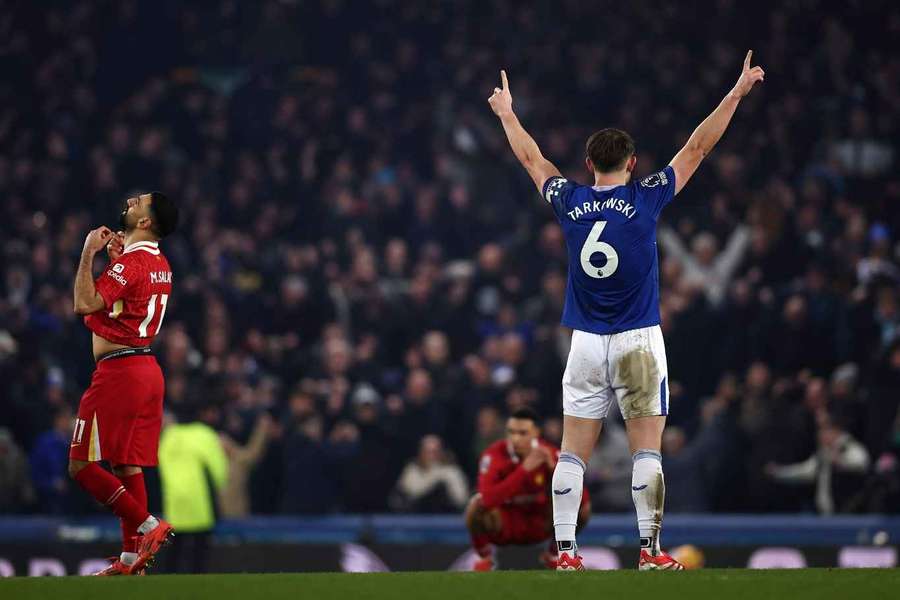 James Tarkowski celebrates against Liverpool