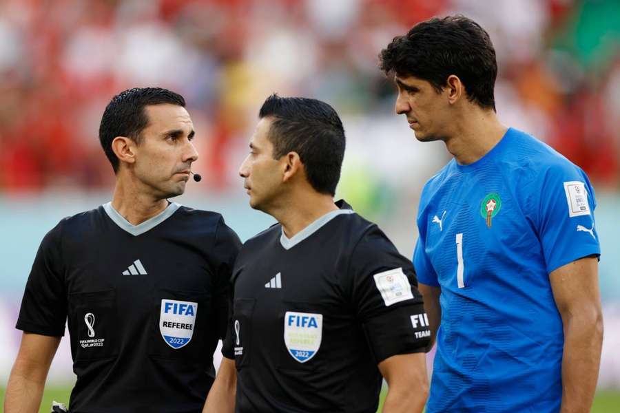 Morocco goalkeeper Yassine Bounou was involved in a lengthly discussion with the referee before he was replaced by Munir El Kajoui