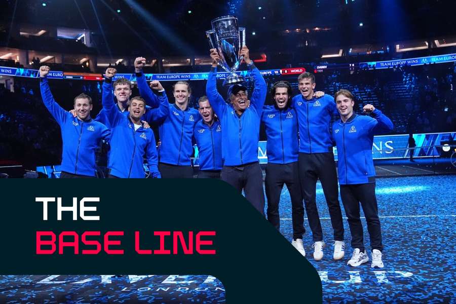 Team Europe team captain Yannick Noah holds the Laver Cup trophy aloft as he celebrates with his team after they beat Team World Team Europe team captain Yannick Noah holds the Laver Cup trophy aloft as he celebrates with his team after they beat Team World