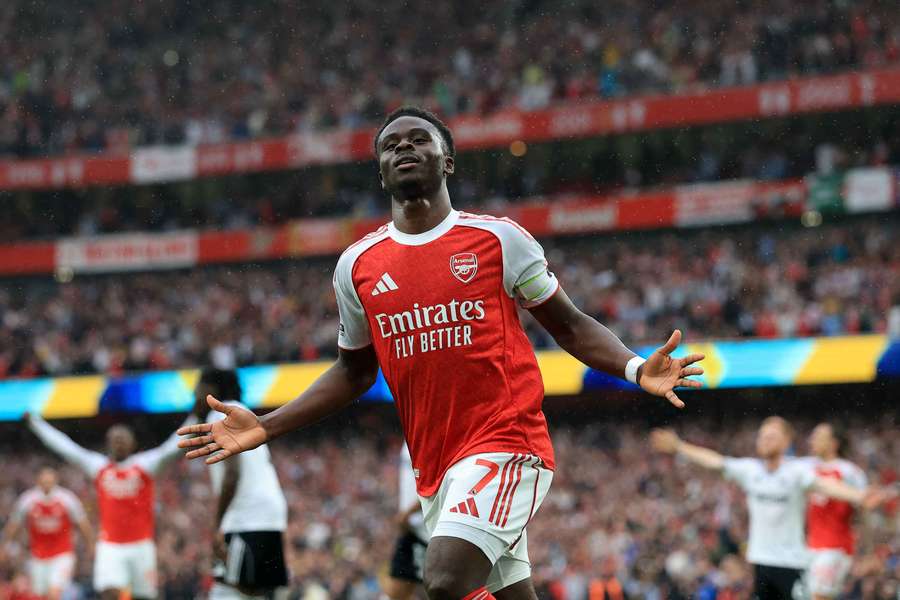 Bukayo Saka celebrates after netting for Arsenal