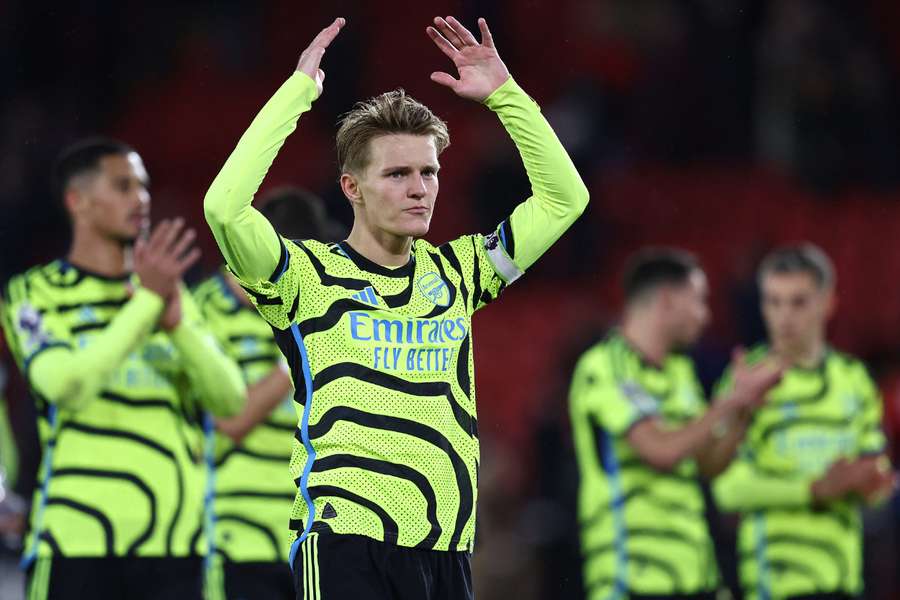 Martin Odegaard applauds the fans following during the English Premier League football match between Sheffield United and Arsenal