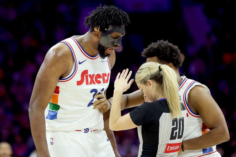 Embiid getting in a referee's face before being ejected during a game against the San Antonio Spurs