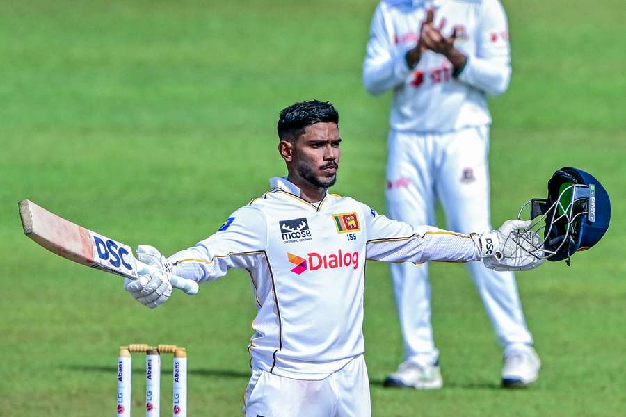 Sri Lanka's Pathum Nissanka celebrates after scoring a century during the second day of the second Test against Bangladesh