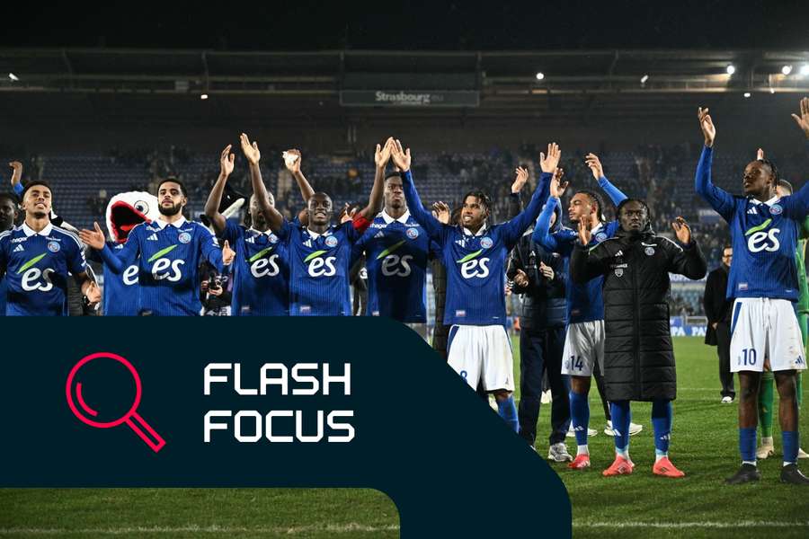 Strasbourg players celebrating their victory over Lille on 25 January