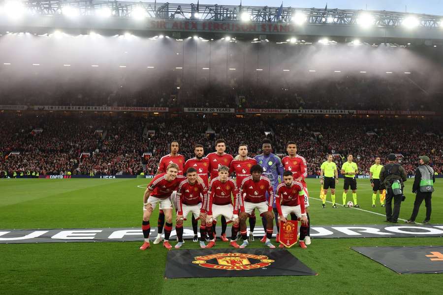 Manchester United players line up before the Europa League quarter -final match in the second match at Old Trafford on April 17, 2025 against Lyon Manchester United players line up before the Europa League quarter -final match in the second match at Old Trafford on April 17, 2025 against Lyon